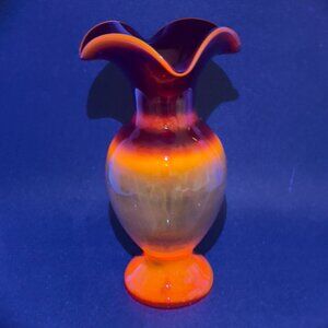 Amberina Art Hand Blown Red Glass Ruffle Top Vase UV light Reactive Glows